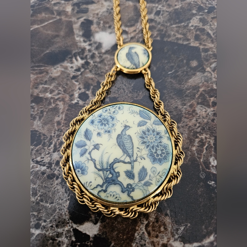 Vintage Gold Toned Blue White Bird Pendant Necklace
